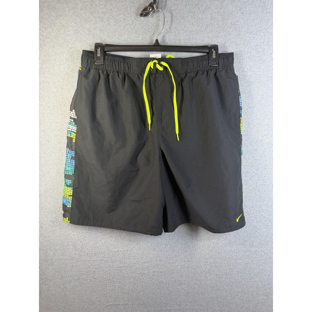 Nike Shorts Mens XL Black Swim Trunks Geometric Panel Lined Quick Dry Drawstring